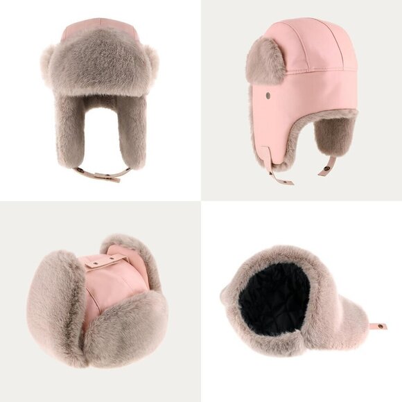 ?Women light pink Leather Trapper Hat with Faux Fur Lining Warm Aviator Hat main image 6